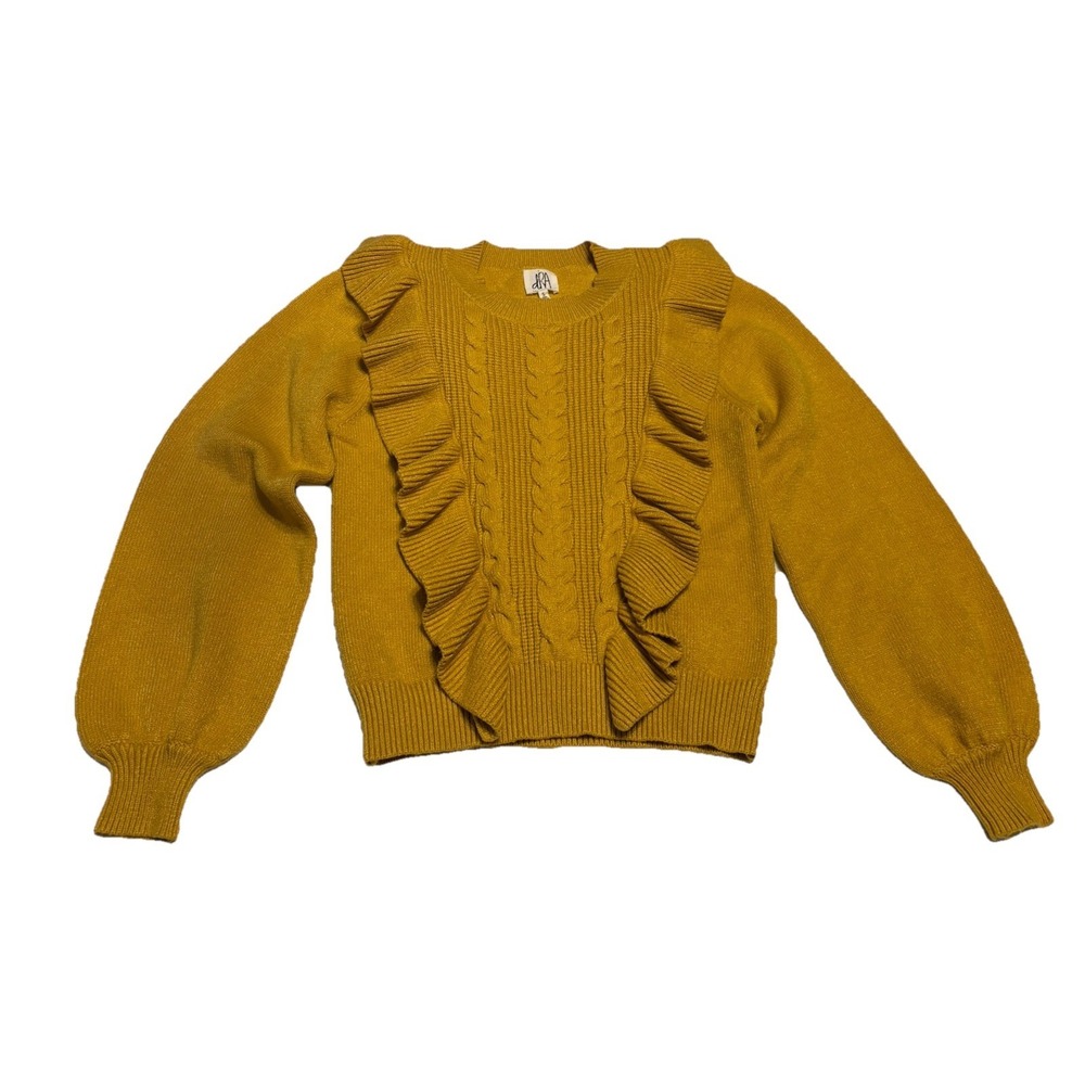 dRA Los Angeles Yellow Mustard Ruffle Chic Sweater Long Sleeve Women's Sz Small